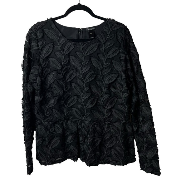Ann Taylor Black Blouse Top Leaf Print Pleated Embroidered Peplum SZ 14 XL Lined - Picture 1 of 9